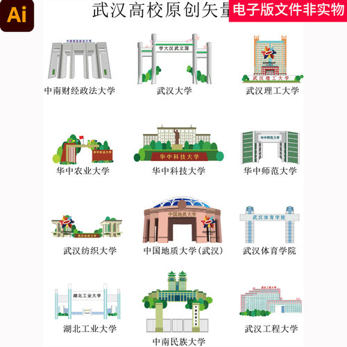 武汉高校矢量插画武汉大学华中科技大学中国地质大学中南民族大学