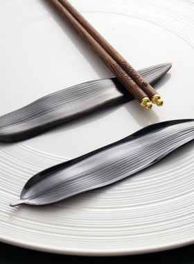 柳叶理念设计筷架 黑色金属筷枕双两用 日式304不锈钢双勺筷子托