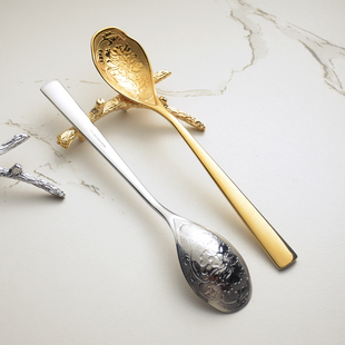 新中式席面勺 金银色浮雕 喝汤分菜布菜汤匙 汤匙汤勺子304不锈钢