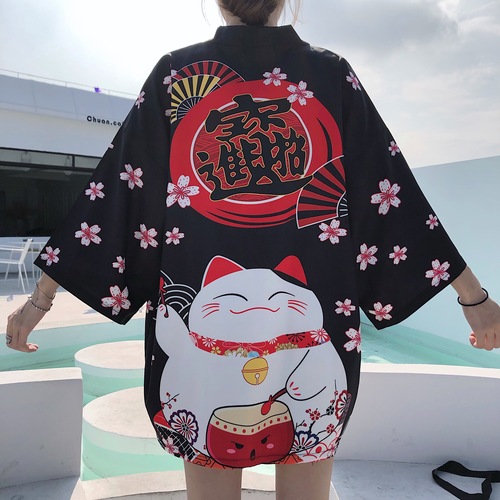 Real price real photo of Chinese style improved literature and art Zhaocai cat pattern sunscreen loose cardigan kimono coat