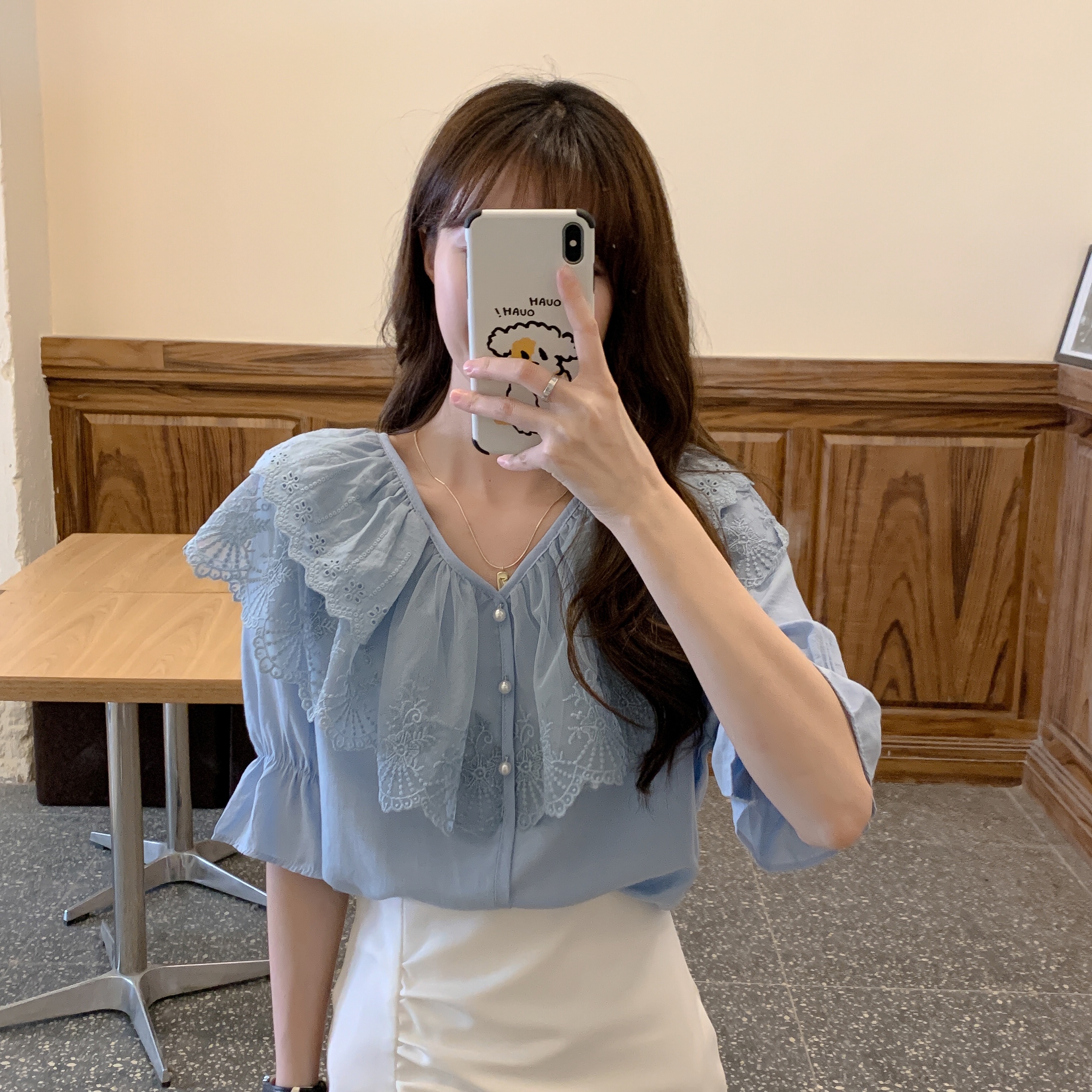 Real price real shot Korean version summer Ruffle design small show thin French top V-neck short sleeve shirt