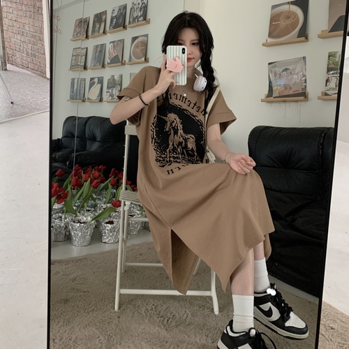 Real photos of new fashion and fashion in summer Vintage figure split loose medium and long short sleeved dress women's wear