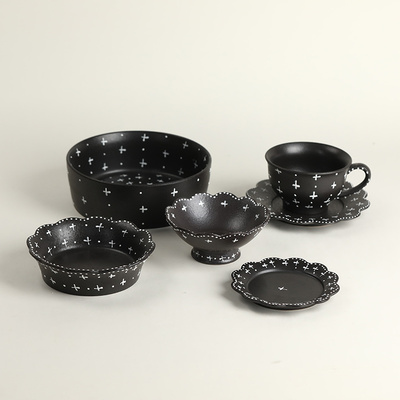 艺隆轩 日式手作手绘浮雕轻者复古粗陶简约套装杯盘碗碟