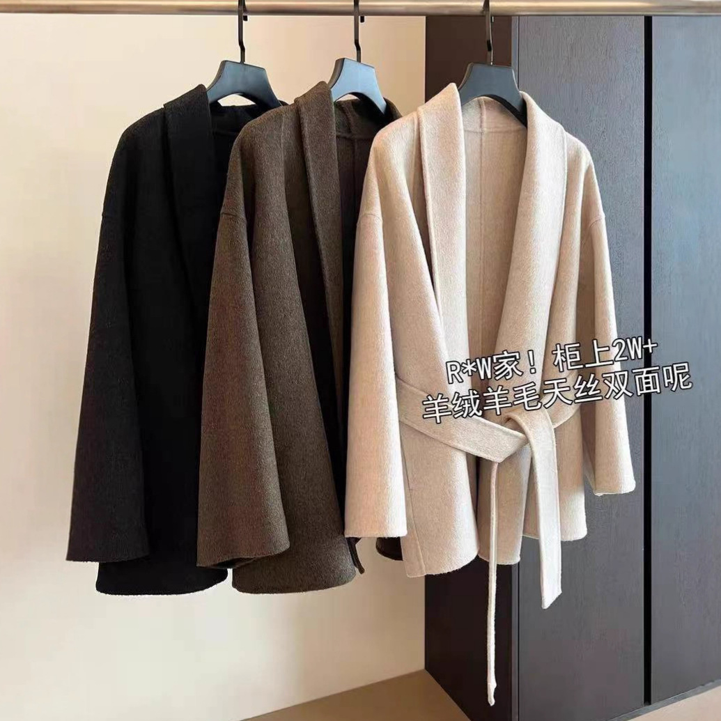 R*W家！山羊绒天丝羊毛翻领系带收腰双面毛呢大衣短款外套女