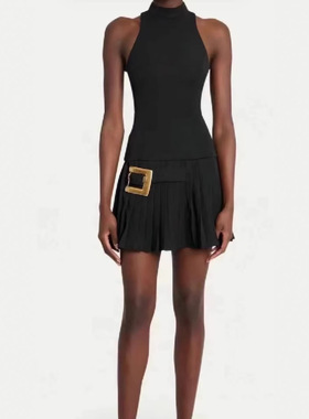 小众设计高端女装2026春季新款法式千金风腰带拼接百褶背心连衣裙