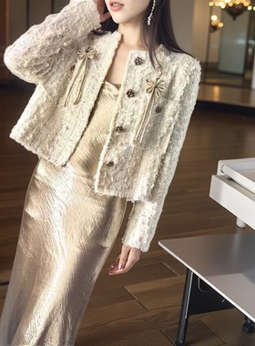 2024手工小香风外套中国结可拆卸粗花呢白色小个子短外套女小个子