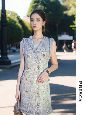 PRISCA 夏装裙子收腰小香风双排扣V领显瘦马甲背心连衣裙女