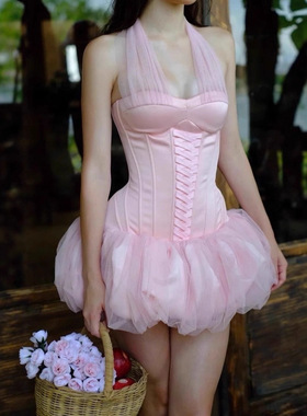 PRISCA越南小众女粉色修身挂脖蓬蓬裙白色蕾丝吊带上衣层叠短裙