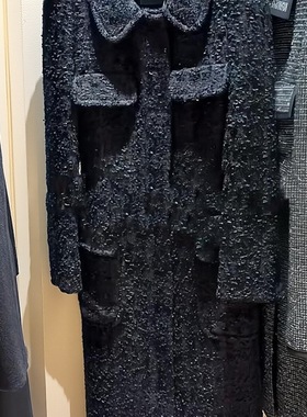 PRISCA 秋冬韩国黑色长款大衣外套加厚甜美风宽松粗花呢私人定制