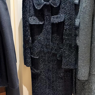 PRISCA 秋冬韩国黑色长款大衣外套加厚甜美风宽松粗花呢私人定制