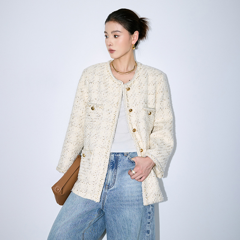 PRISCA重工金银丝织带粗花呢上衣女秋冬高级感羊毛圆领小香风外套