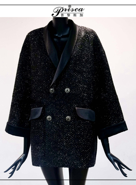 轻奢羊毛高级宽松版廓形翻领中长款小香风毛呢羽绒外套大衣女黑色