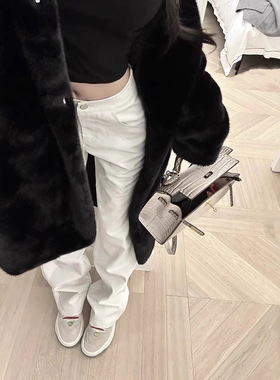 Du家 美式白色纹理休闲裤v字腰头皮裤女秋新款高腰直筒设计感长裤