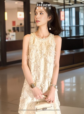 法式高级感名媛风剪花无袖背心裙女肌理感流苏度假小礼服连衣裙