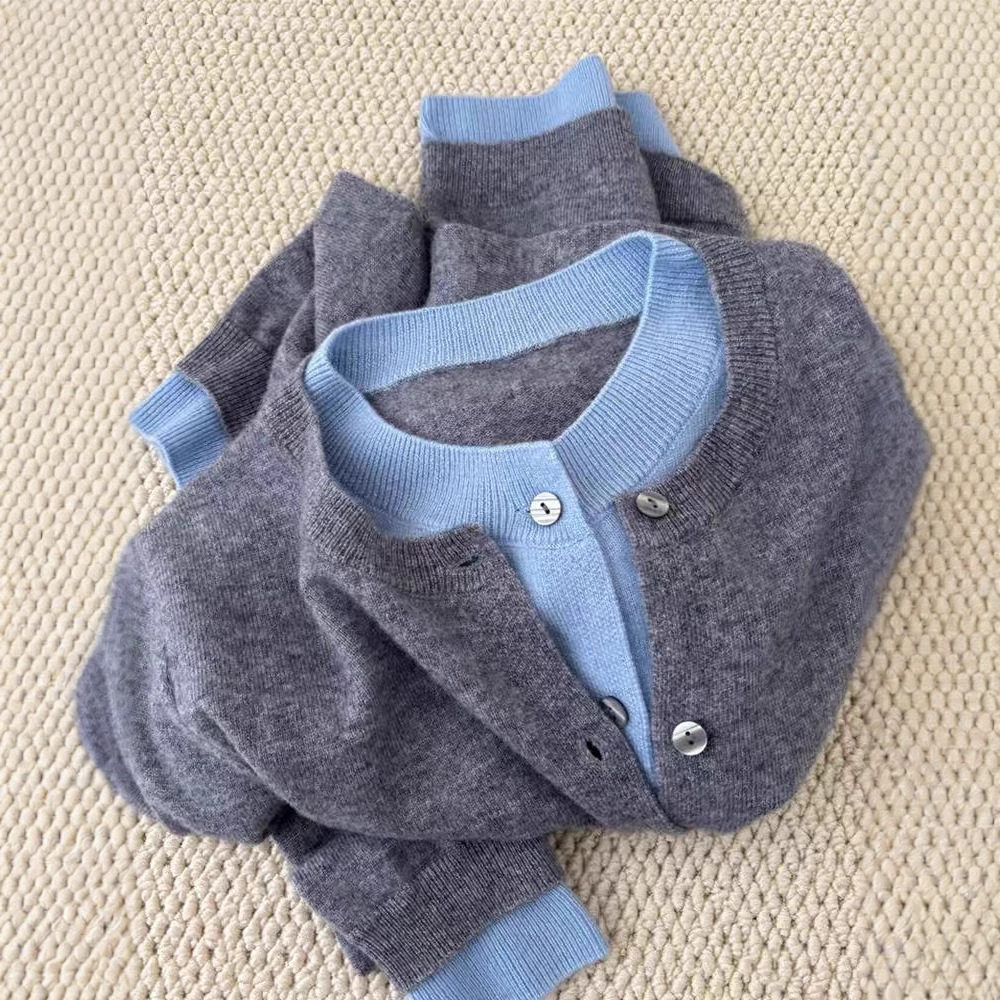 PRISCA/很gao级~版型也很赞~灰蓝撞色假两件毛衣开衫女秋冬上衣