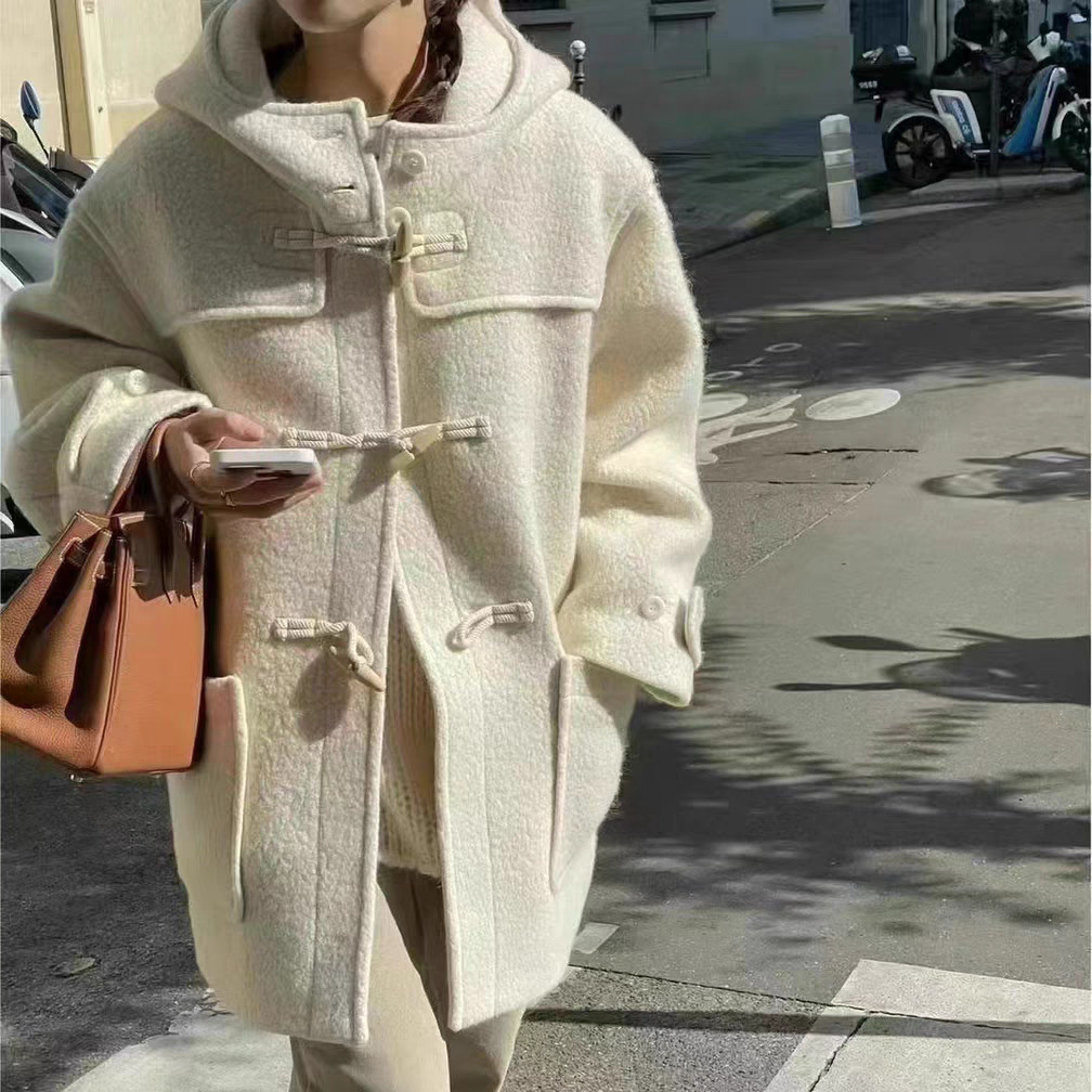 PRISCA/25秋季新款韩国东大门thable气质纯色连帽牛角扣大衣外套