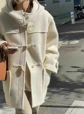 PRISCA/25秋季新款韩国东大门thable气质纯色连帽牛角扣大衣外套