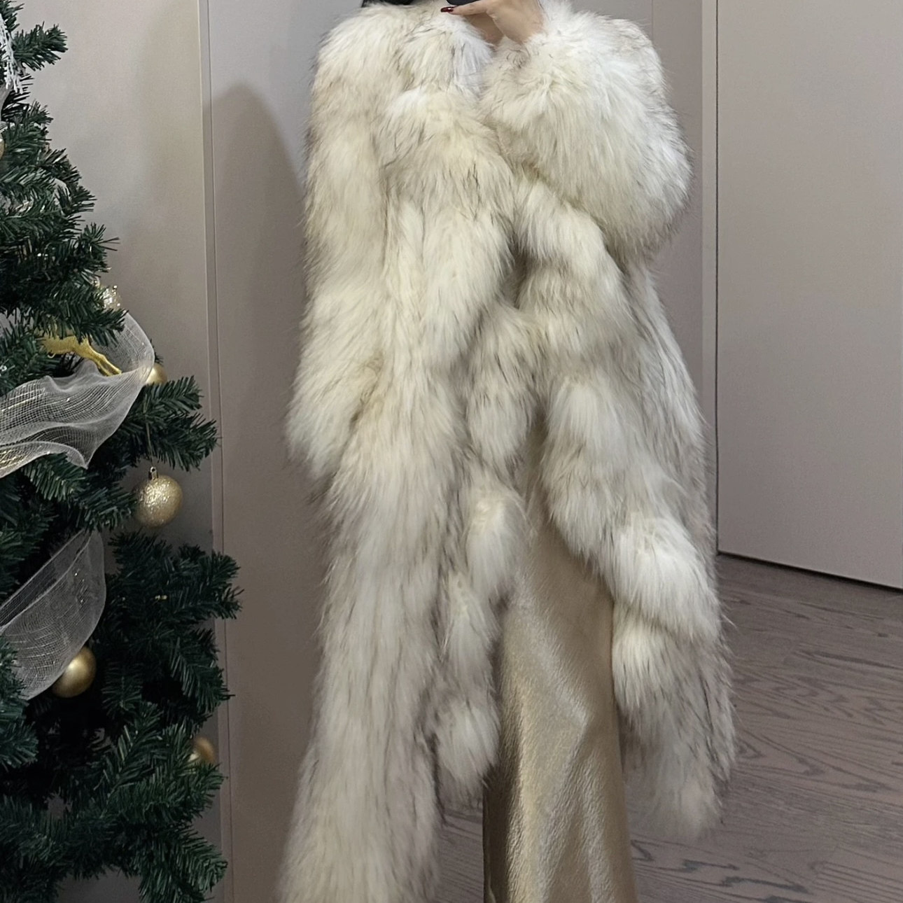 PRISCA冬季新款仿貉子毛皮草大衣长款保暖编织狐狸毛轻奢毛外套女