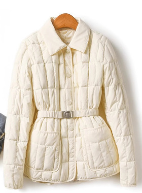 PRISCA/秋冬时髦日常绗缝方格翻领松紧腰带鹅绒服羽绒服一件代发