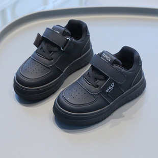 儿童板鞋男女童魔术贴小黑鞋防滑软底校园百搭休闲白色运动鞋表演