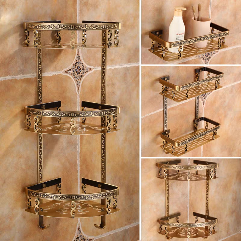 太空铝仿古象牙白双层三角篮转角架免打孔卫生间置物架欧式浴室