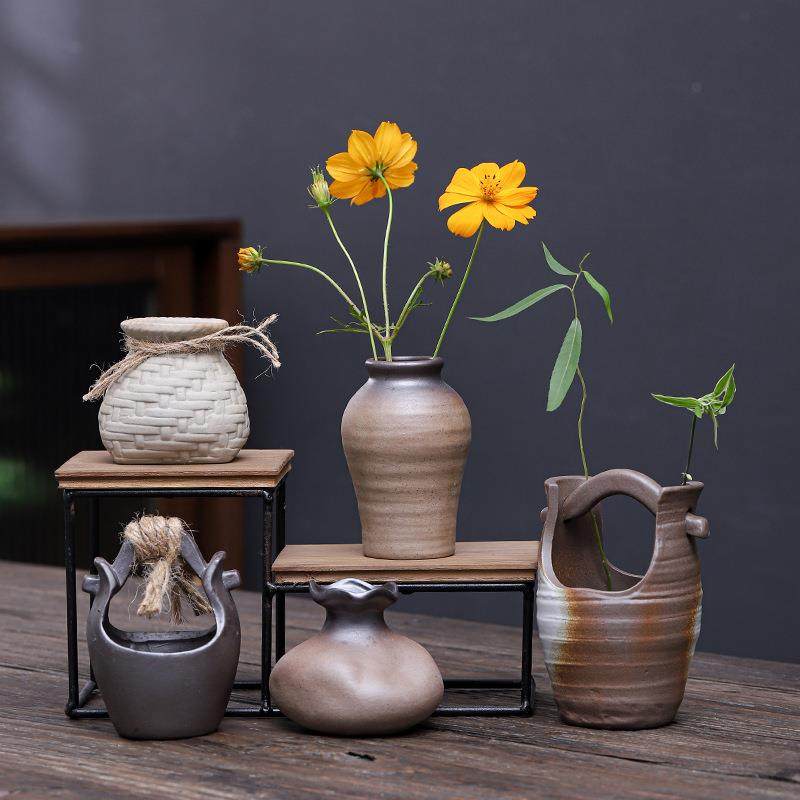 复古粗陶花瓶禅意古朴客厅花插陶瓷小花器茶台摆件装饰品水培容器