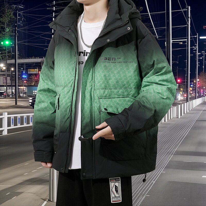 渐变色工装羽绒服男2025新款冬季潮牌青少年中学生加厚外套冬装