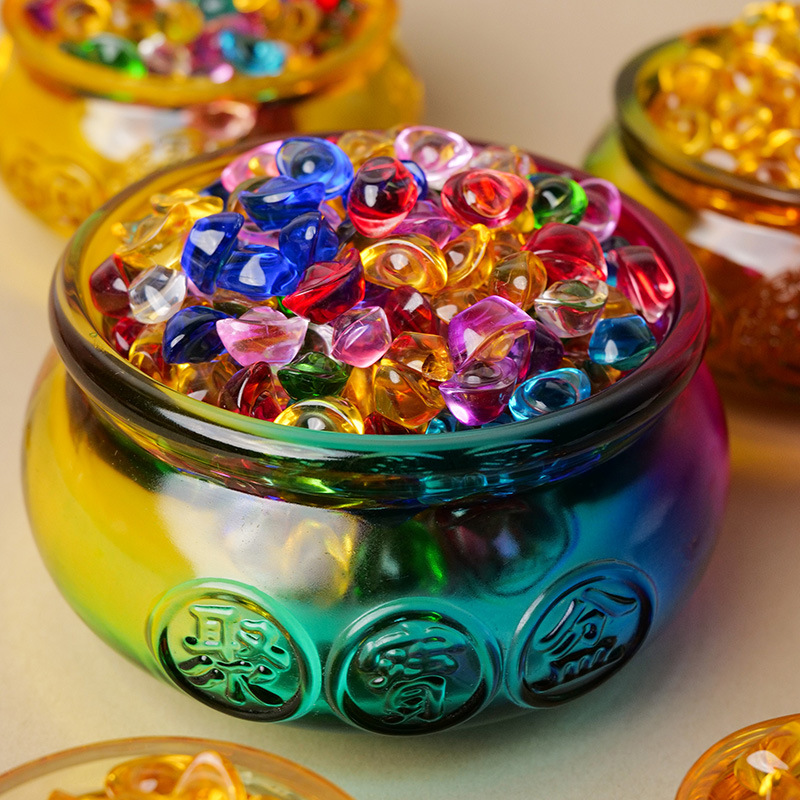 彩色水晶琉璃做生意开业大吉生意兴隆聚宝盆金银元宝摆件招财聚财