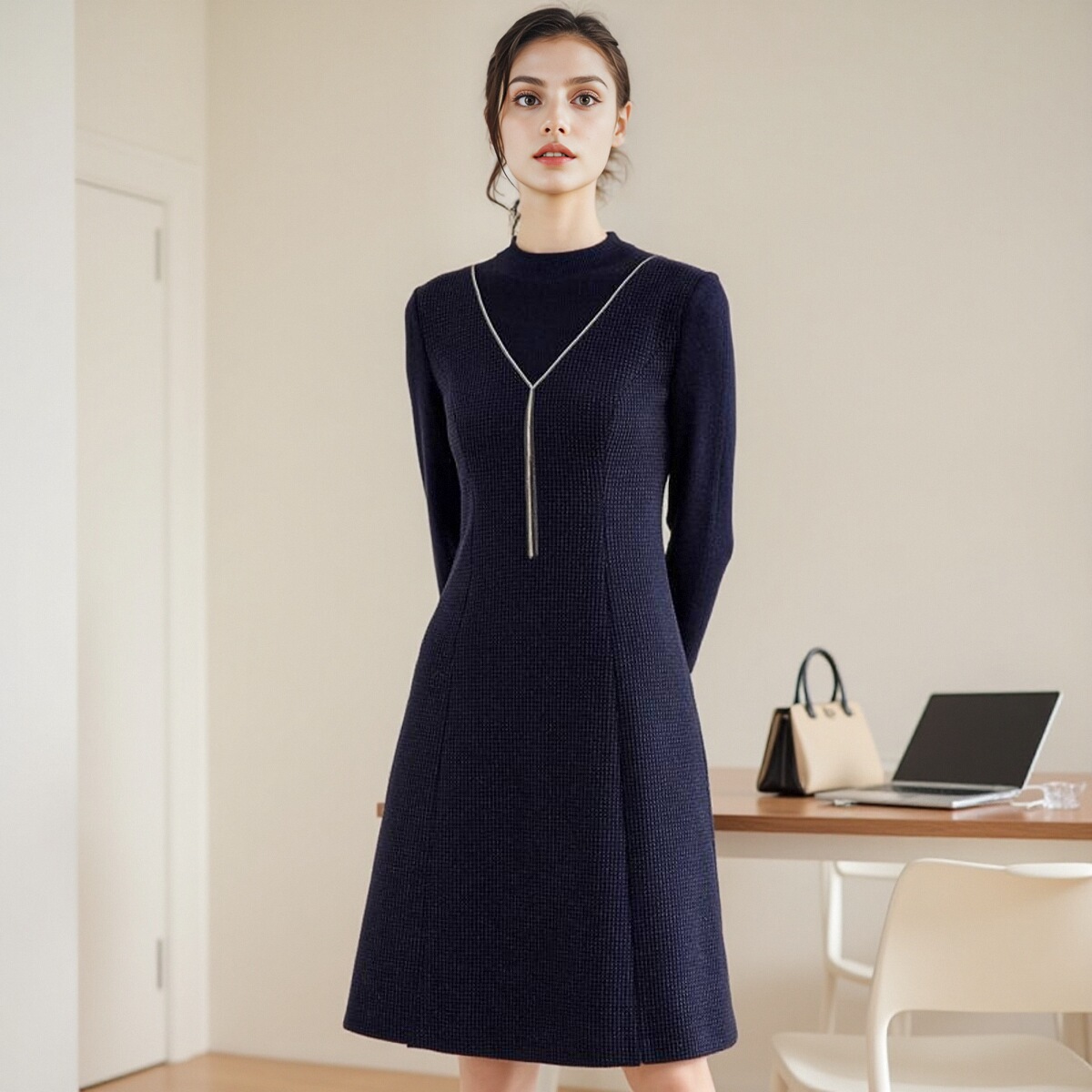 娜家女装2025秋冬新品商场同款针织拼接羊毛亮丝百搭连衣裙子女