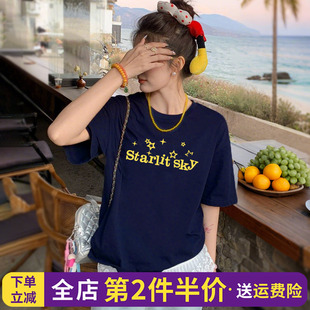 vintage古着感通勤风藏蓝色正肩t恤女短袖宽松韩版设计感百搭上衣