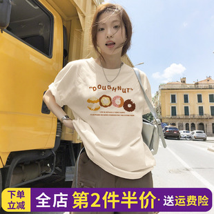 美式复古卡通印花杏色短袖t恤女oversize宽松休闲半袖上衣潮牌夏
