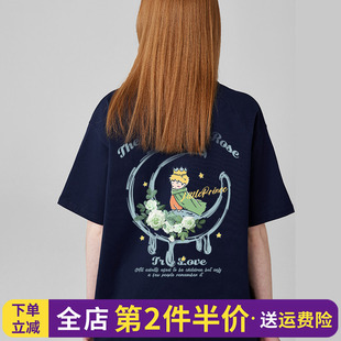 小众ins风显白藏蓝色短袖t恤女宽松超火卡通设计感百搭潮牌上衣夏
