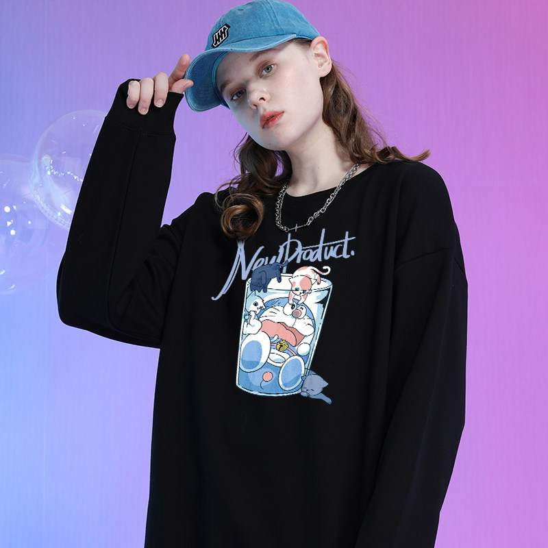 小众卡通印花黑色卫衣女慵懒风chic百搭减龄小个子下衣失踪外套薄