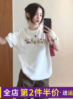 2025夏季新款森系减龄白色短袖女t恤宽松韩版设计感纯棉半袖上衣