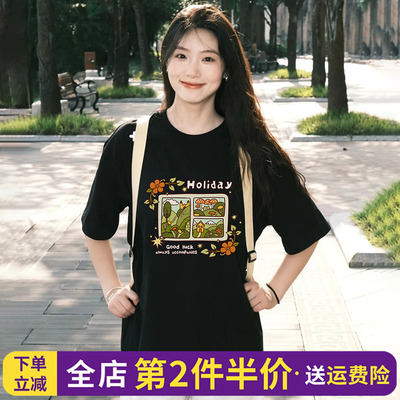 韩系百搭休闲设计感黑色短袖t恤