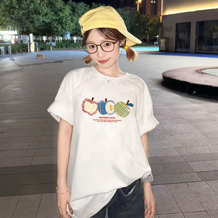 t恤女夏季 chic设计感减龄卡通印花白色短袖 宽松休闲纯棉正肩上衣