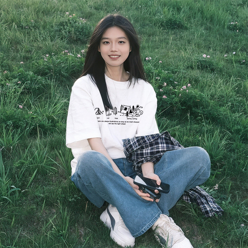可爱风休闲百搭白色正肩t恤女短袖日系百搭甜妹减龄纯棉半袖上衣