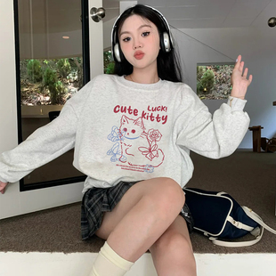 vibe小众设计感猫咪白灰色套头圆领卫衣女2025秋冬加绒ulzzang潮