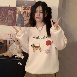 ulzzang宽松街头甜酷美式学院风vibe杏色套头圆领卫衣女春秋薄款