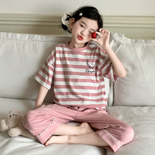 女童夏季短袖睡衣套装2025新款女大童七分裤条纹儿童纯棉家居服夏