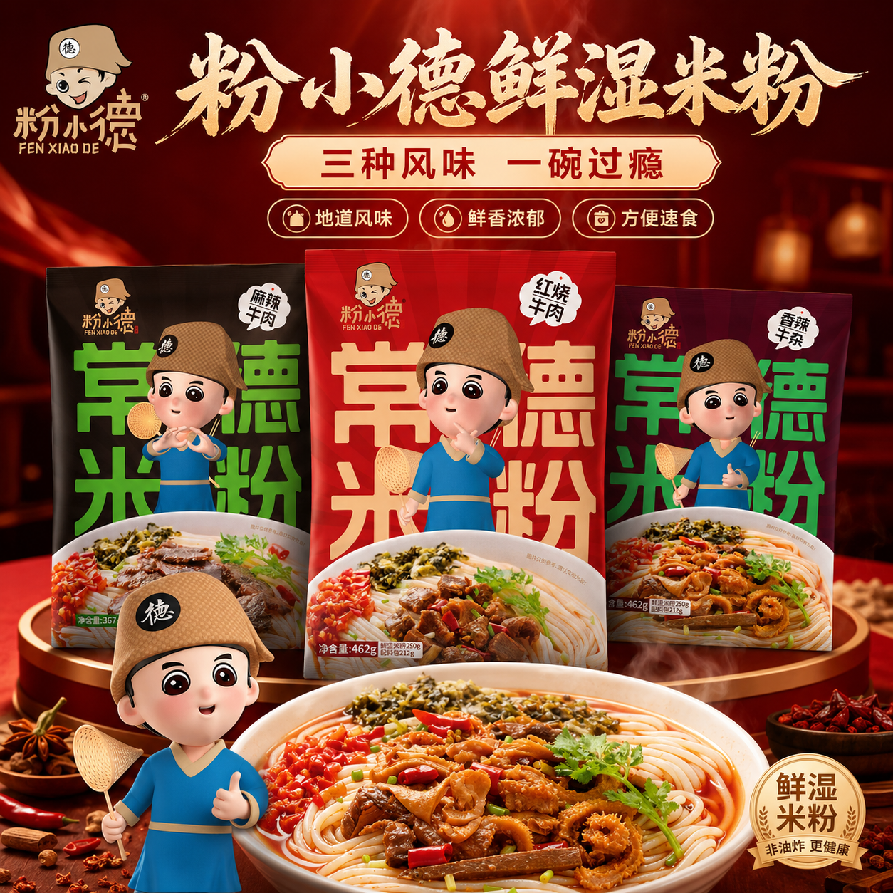 粉小德湖南常德米粉津市牛肉粉麻辣米线早餐宵夜速食懒人特产食品