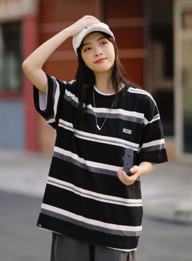 PSO Brand 条纹T恤男宽松潮牌潮流短袖纯棉2020新款夏季情侣半袖