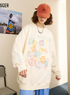 BEASTER小恶魔笑脸套头舒适宽松印花字母图案针织圆领长袖卫衣