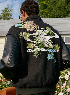 harshandcruel logo满背过肩花卉刺绣毛呢HACR棒球服夹克外套