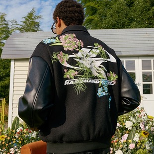 harshandcruel logo满背过肩花卉刺绣毛呢HACR棒球服夹克外套