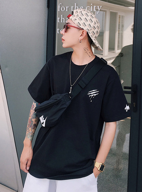 SuaMoment血爪抓痕字母短袖T恤男宽松情侣装半袖国潮流牌体恤ins