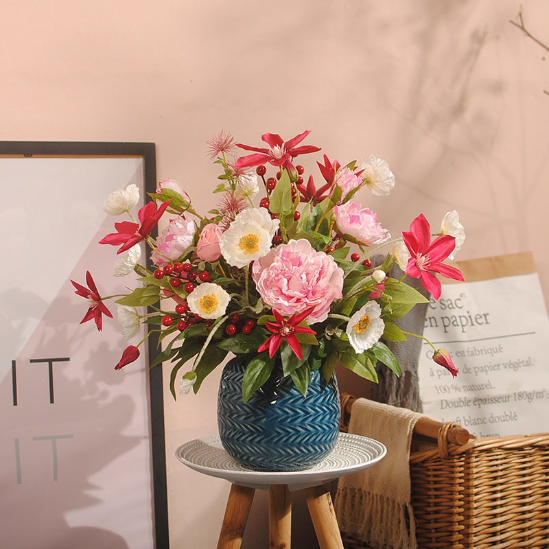 餐桌上的花茶几摆花仿真花牡丹家居假花装饰品防真的轻奢花艺摆件