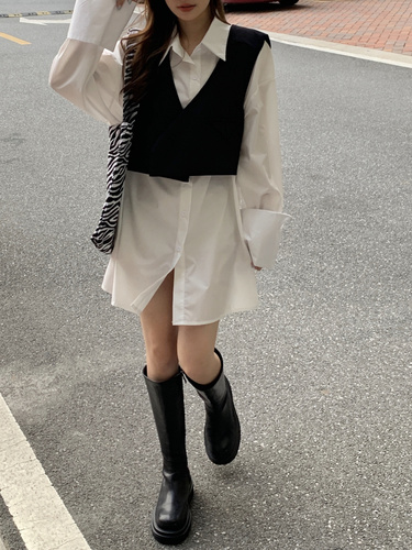 Real shot real price loose and thin solid color shirt skirt cuff design versatile suit vest