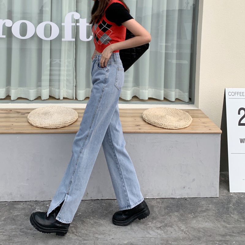 Real shot spring and summer Korean loose skinny straight jeans with side split wide leg pants