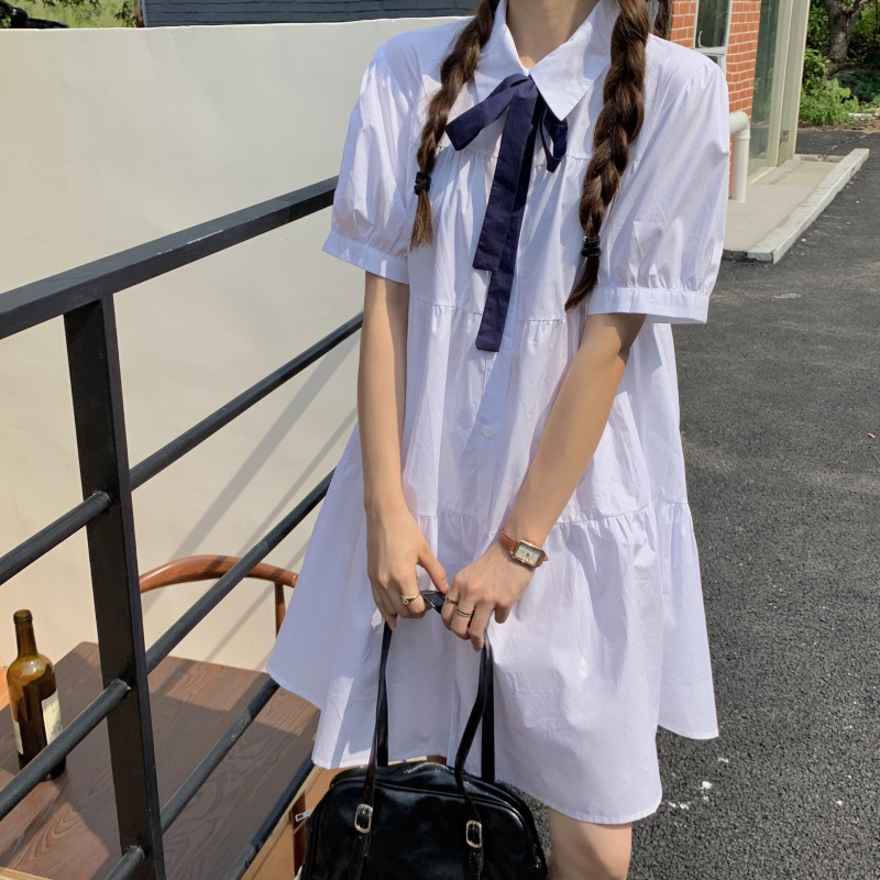 Real price three standard Korean loose and thin shirt skirt bow tie design medium length dress